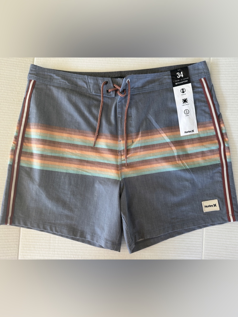 NWT Hurley Phantom Hybrid Board Shorts | Men's Size 34 | Grey Multi-Stripe